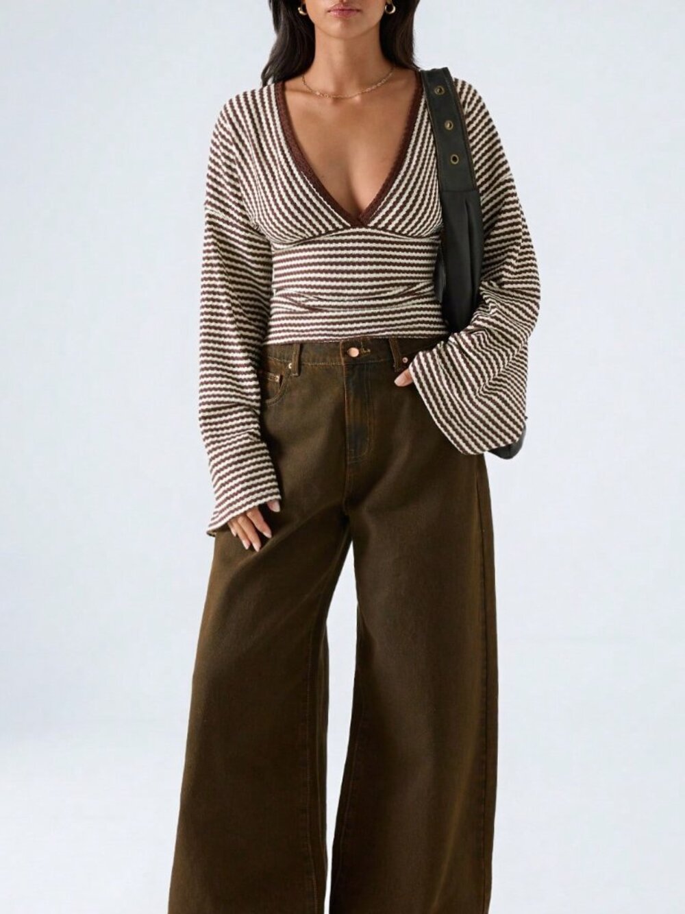 Multicolor Casual Women's Regular Deep V-Neck Striped Flare Sleeve Fitted Top - Picture 1 of 6
